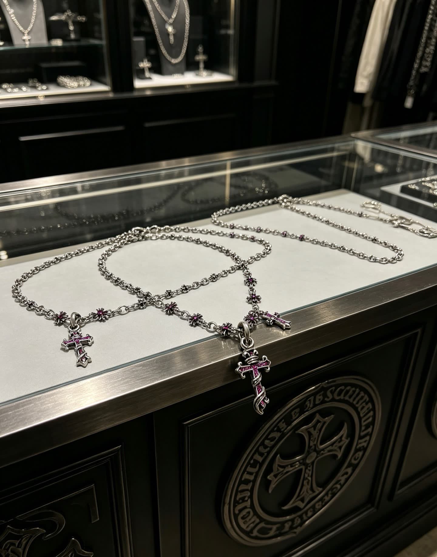 Chrome Hearts Silver Cross Pendant Necklace with Pink Crystals